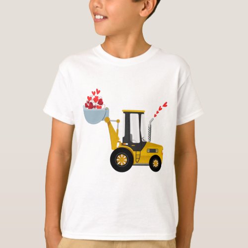 Kids Excavator With Hearts Valentines Day BoysFun T_Shirt