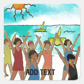 Kids Exercise on Beach Square Sticker