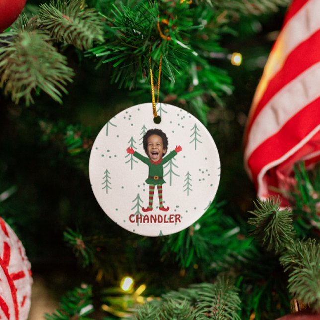 Kid's Face & Name Elf Christmas Funny Gift Ceramic Ornament (Custom Elf Photo Kid Christmas Funny Personalized Ornament)