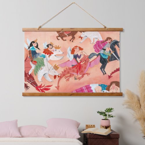 Kids fairies  dragon pink fairytale illustration hanging tapestry