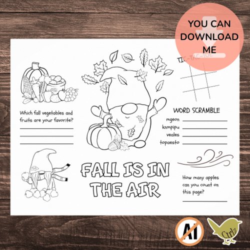 Kids Fall Activity Coloring Printable Placemat Poster