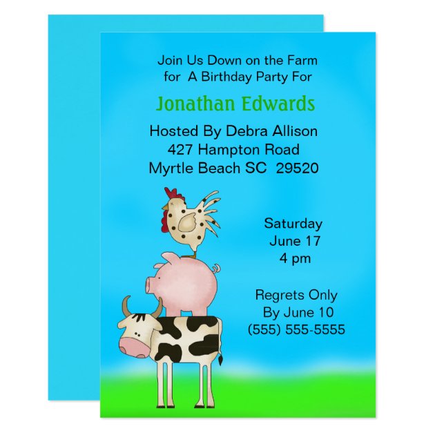 Kids Farm Animal  Theme  Birthday Invitation