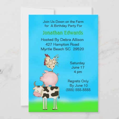 Kids Farm Animal  Theme  Birthday Invitation