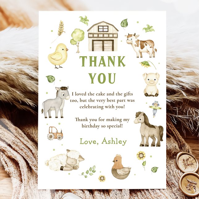 Kids Farm Animal Themed Birthday Thank You Card (Creator Uploaded)