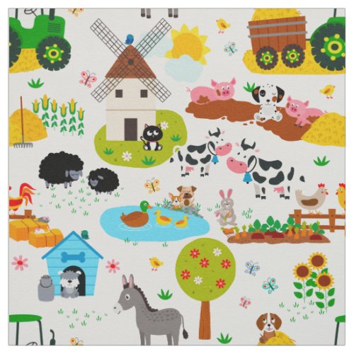 Kids Farm Animals Barnyard Animals Pattern Fabric