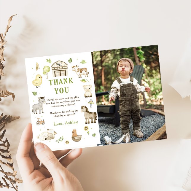 Kids Farm Themed Birthday Photo Thank You Card (Creator Uploaded)