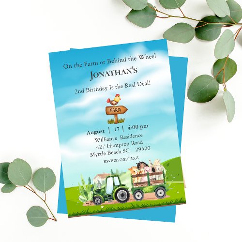 Kids Farm Tractor Animals Birthday Party Invitation