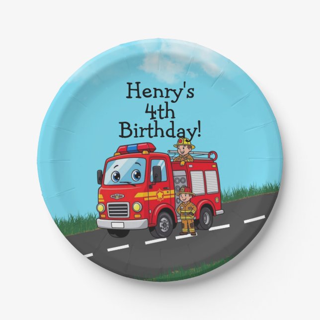 Kid's Fire Truck Birthday Party Paper Plates (Front)