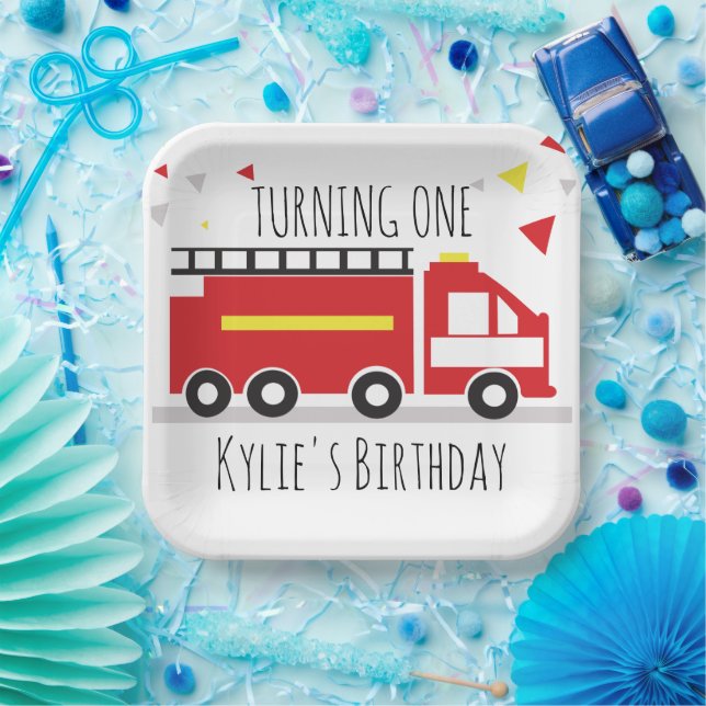 Kids Firetruck Fun Confetti Birthday Name   Paper Plates (Party)