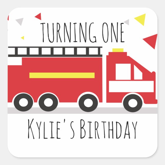Kids Firetruck Fun Confetti Birthday Name Square Sticker (Front)