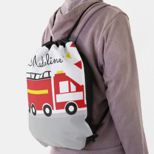 Kids Firetruck Vehicle Confetti Name Drawstring Bag