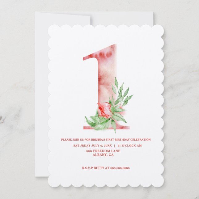 Kids First Birthday Floral Invitation - Art Deco (Front)