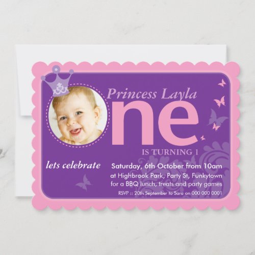 KIDS FIRST BIRTHDAY PARTY PHOTO one pink purple Invitation