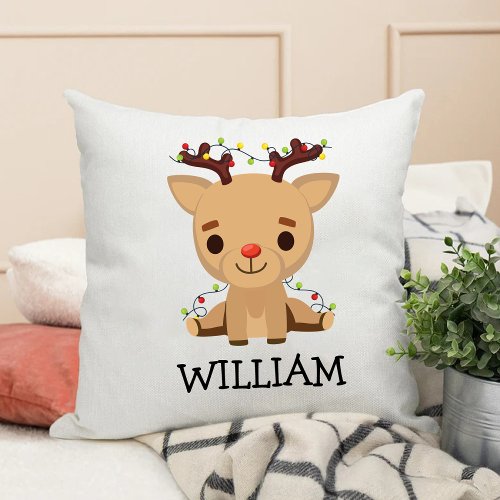 Kids First Christmas Cute Reindeer Name Throw Pillow