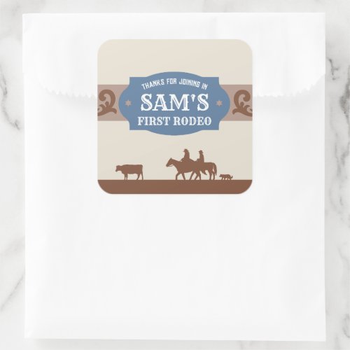 Kids FIrst Rodeo BlueBrown Western Birthday Party Square Sticker