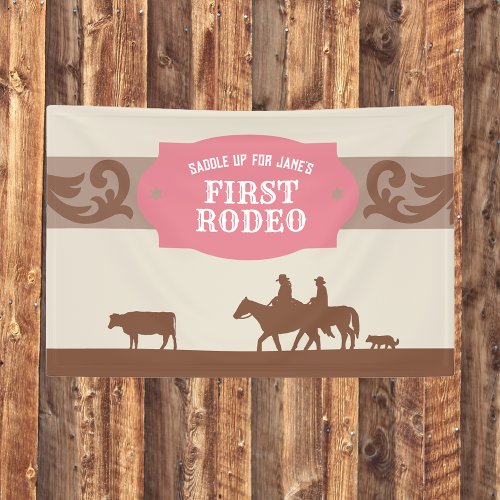 Kids FIrst Rodeo PinkBrown Western Birthday Party Banner