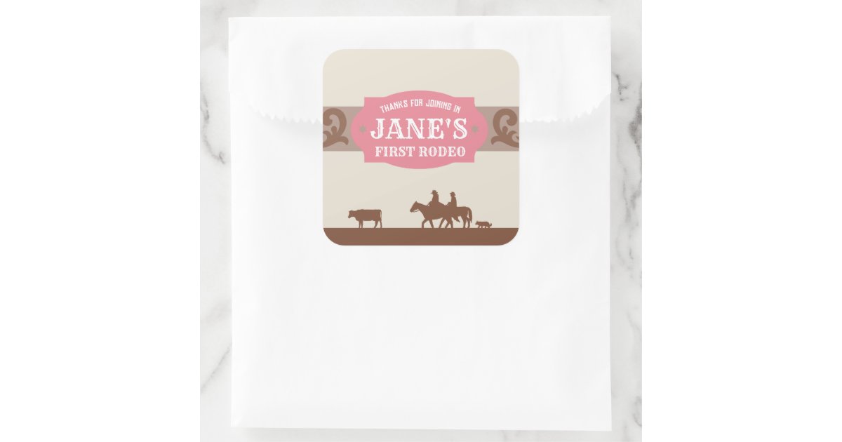 Pink Rodeo Sticker Kids FIrst Rodeo Pink/Brown Western Birthday Square Sticker | Zazzle