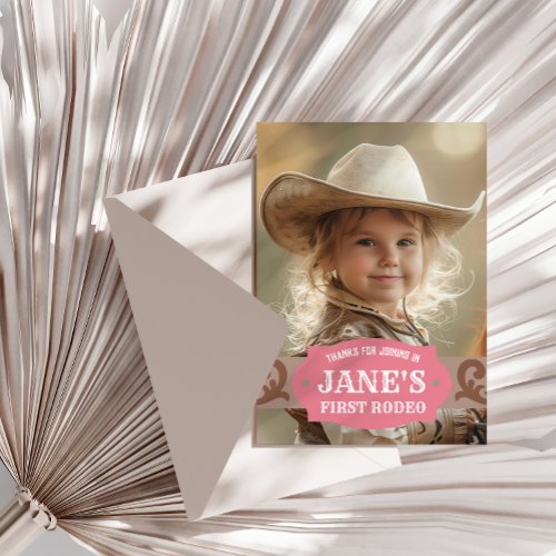 Kids FIrst Rodeo PinkBrown Western Photo Thank You Card