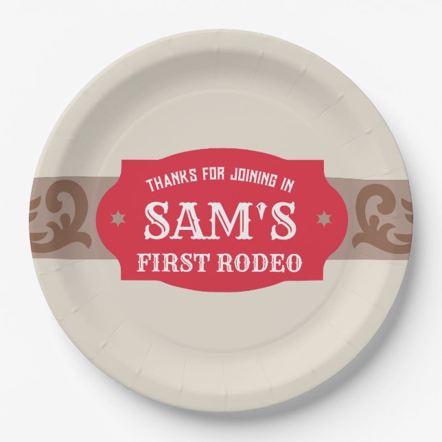Kids FIrst Rodeo Red/Brown Western Birthday Party Paper Plates (Front)
