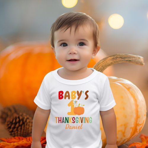 Kids First Thanksgiving Pumpkin Name Funny     Baby T_Shirt