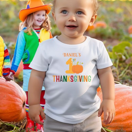 Kids First Thanksgiving Pumpkin Name Funny     Baby T_Shirt