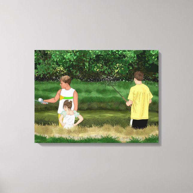 Kids Fishing at the Local Pond Canvas Print (Front)