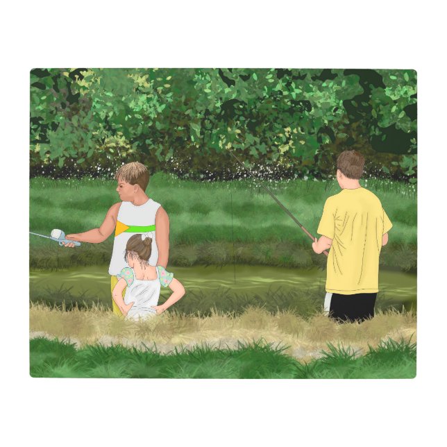 Kids Fishing at the Local Pond Metal Print (Front)