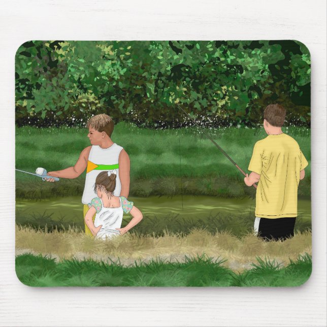Kids Fishing at the Local Pond Mouse Pad (Front)