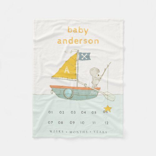 Kids Fishing Bear Sailboat Monogram Baby Milestone Fleece Blanket