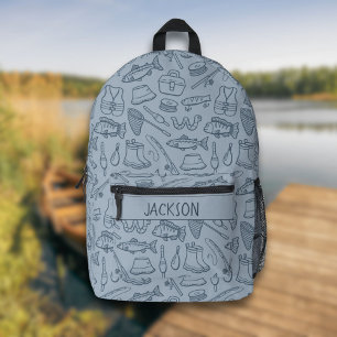 Kids Fishing Gear Hiking Camping Boy Name Blue Printed Backpack