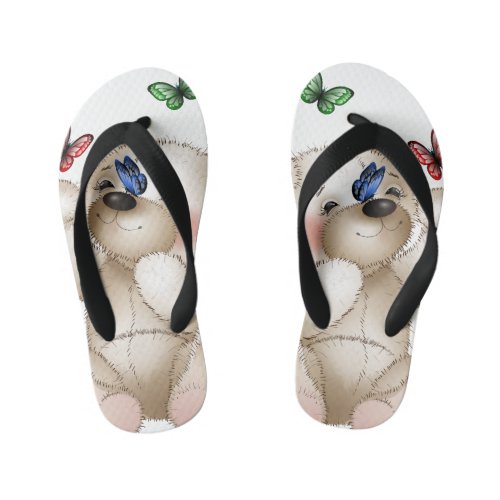 Kids flip flops with teddy bear and butterflies