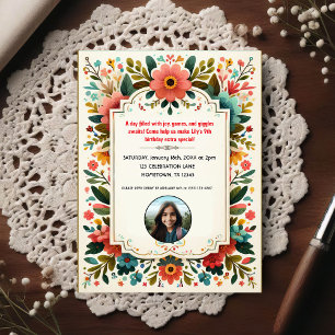 Kids Floral Birthday Photo Invitation Postcard