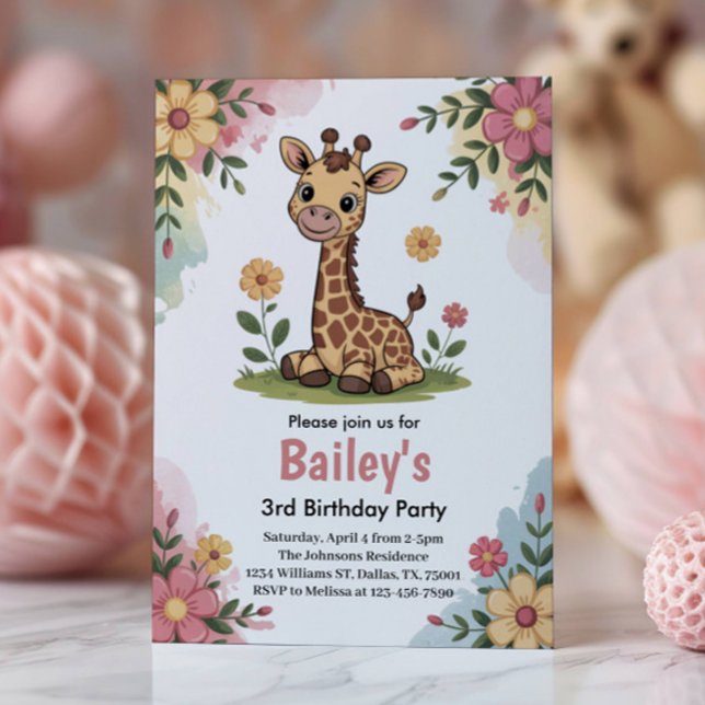 Kids Floral Giraffe Jungle 3rd Birthday Party Invitation (Creator Uploaded)
