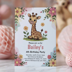 Kids Floral Giraffe Jungle 4th Birthday Party Invitation
