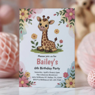 Kids Floral Giraffe Jungle 6th Birthday Party Invitation