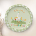 Kids Floral Green One Silly Goose 1st Birthday Paper Plates<br><div class="desc">This cute and fun kids 1st birthday paper plate design features one silly goose with a party hat in a field of flowers,  with green gingham,  and can be personalized with your child’s name in cute and colorful typography. The perfect floral farm design for your little one's first birthday!</div>