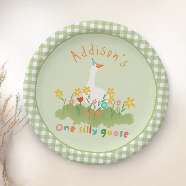 Kids Floral Green One Silly Goose 1st Birthday Paper Plates
