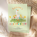 Kids Floral Green One Silly Goose First Birthday Invitation<br><div class="desc">This cute and fun kids 1st birthday invitation design features one silly goose with a party hat in a field of flowers, and can be personalized with all the information you need for your child's first party in cute and colorful typography. The invite also features a matching green gingham pattern...</div>