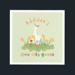 Kids Floral Green One Silly Goose First Birthday Napkins<br><div class="desc">This cute and fun kids 1st birthday napkin design features one silly goose with a party hat in a field of flowers,  with a green background,  and can be personalized with your child’s name in cute and colorful typography. The perfect floral farm design for your little one's first birthday!</div>