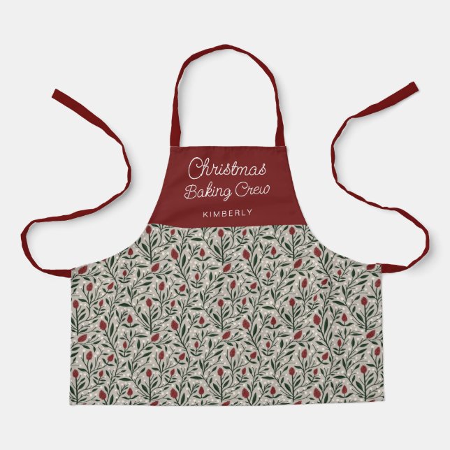 Kids Floral Pattern Christmas Baking Crew | Name Apron (Front)