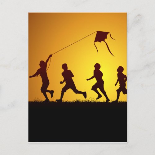 Kids flying a kite postcard