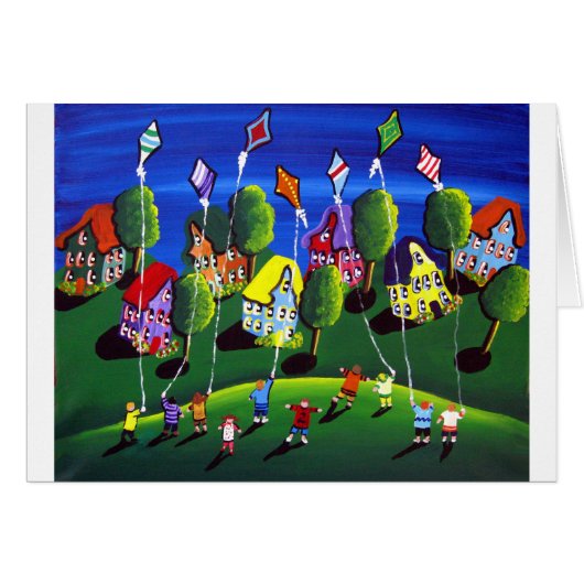 Kids Flying Kites Folk Art Cards (Front Horizontal)