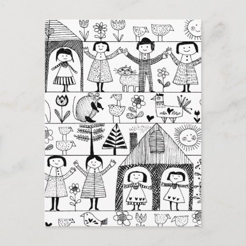 Kids Folk Art Drawing of Children and Animals Postcard