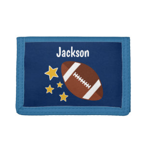 Kids Football Stars Blue Personalized Name Tri-fold Wallet