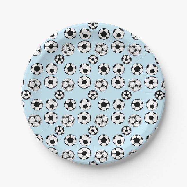 Kids football theme party soccer balls blue paper plates (Front)