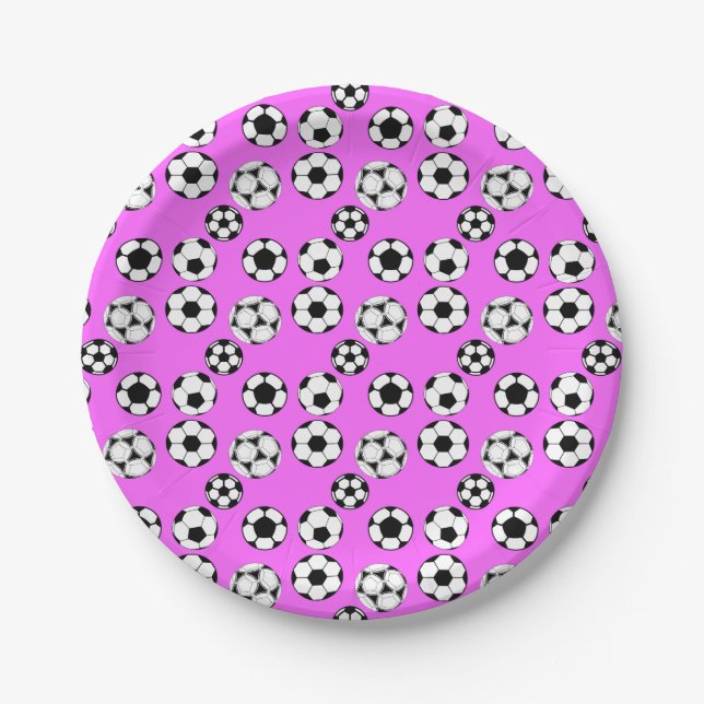 Kids football theme party soccer balls hot pink paper plates (Front)
