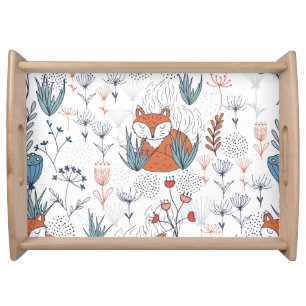 Kid's forest illustration, foxes and flowers. serving tray