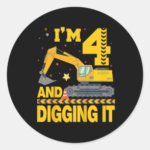 Kids Four 4yr 4th Birthday Excavator 4 Year Old Bo Classic Round Sticker