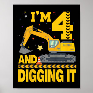 Kids Four 4yr 4th Birthday Excavator 4 Year Old Bo Poster