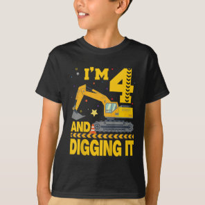 Kids Four 4yr 4th Birthday Excavator 4 Year Old Bo T-Shirt